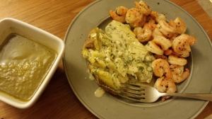 Shrimp scampi with basil, baked potato topped with homemade ranch sauce & zucchinni soup